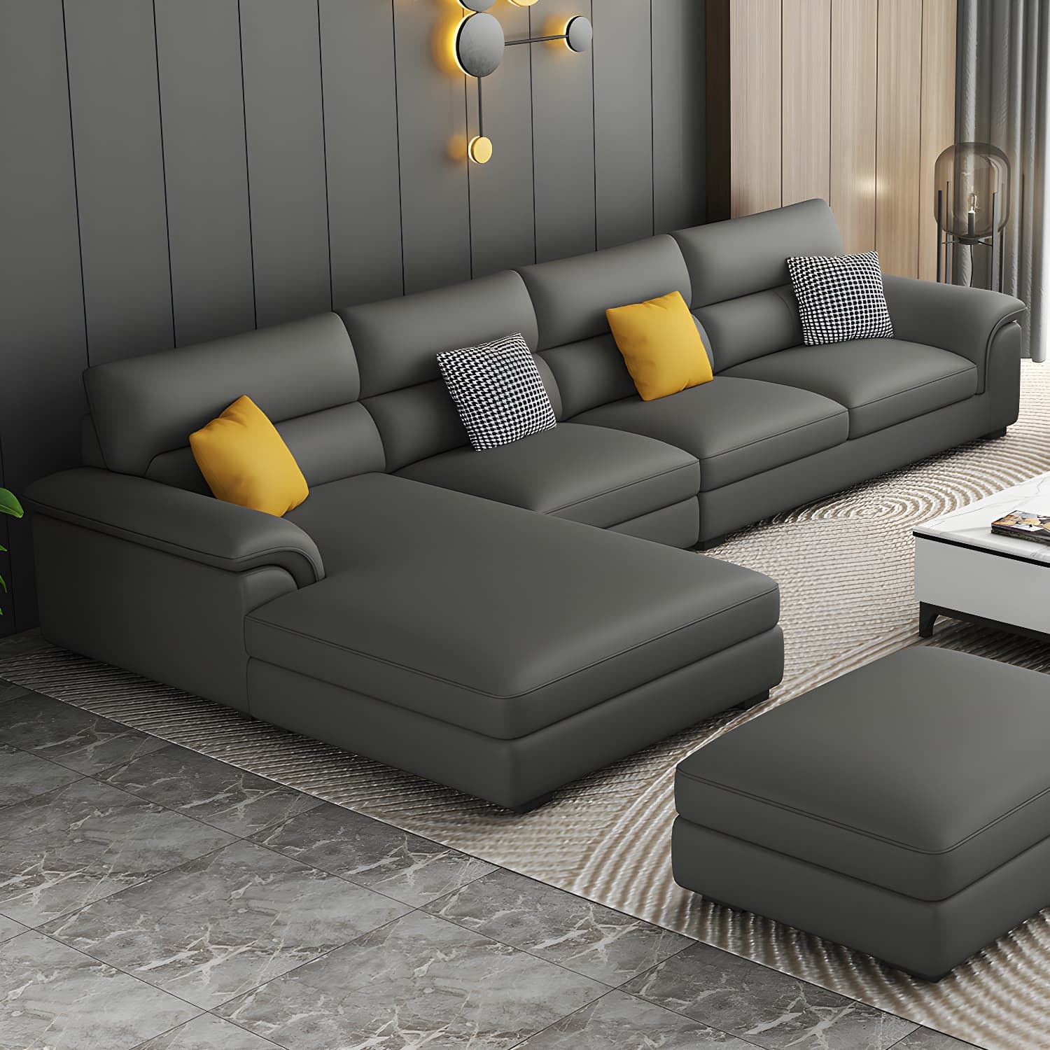 Modern Black Sectional Sofa with Pillow Top Arm and Cushion Back