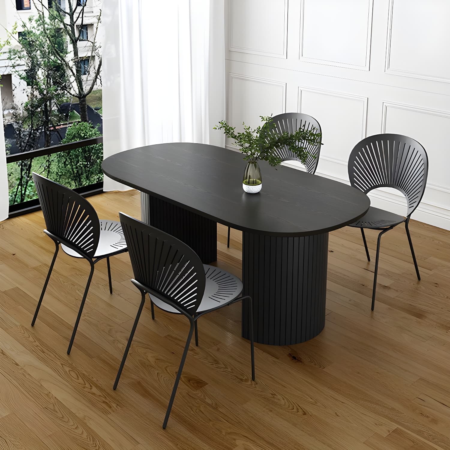 Modern Oval Dinette Table Sintered Stone Top Black Steel Double Pedestal Table - image 6