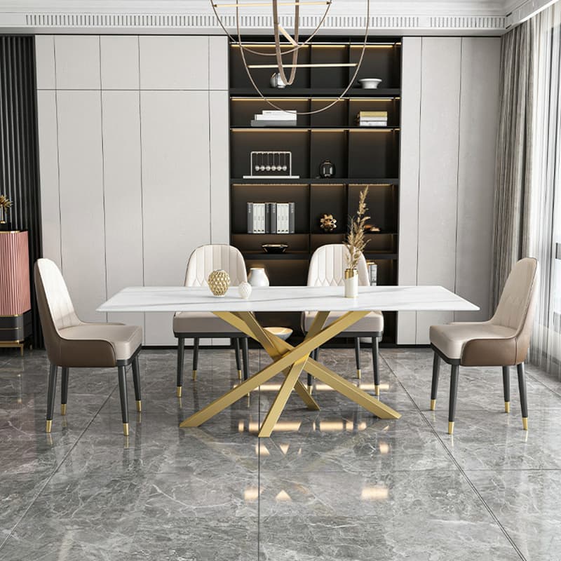 Art Deco Standard Table Height Rectangle Fixed Marble Top/Wood Dining Table with Golden Base for 8/4 People/6 People - image 5