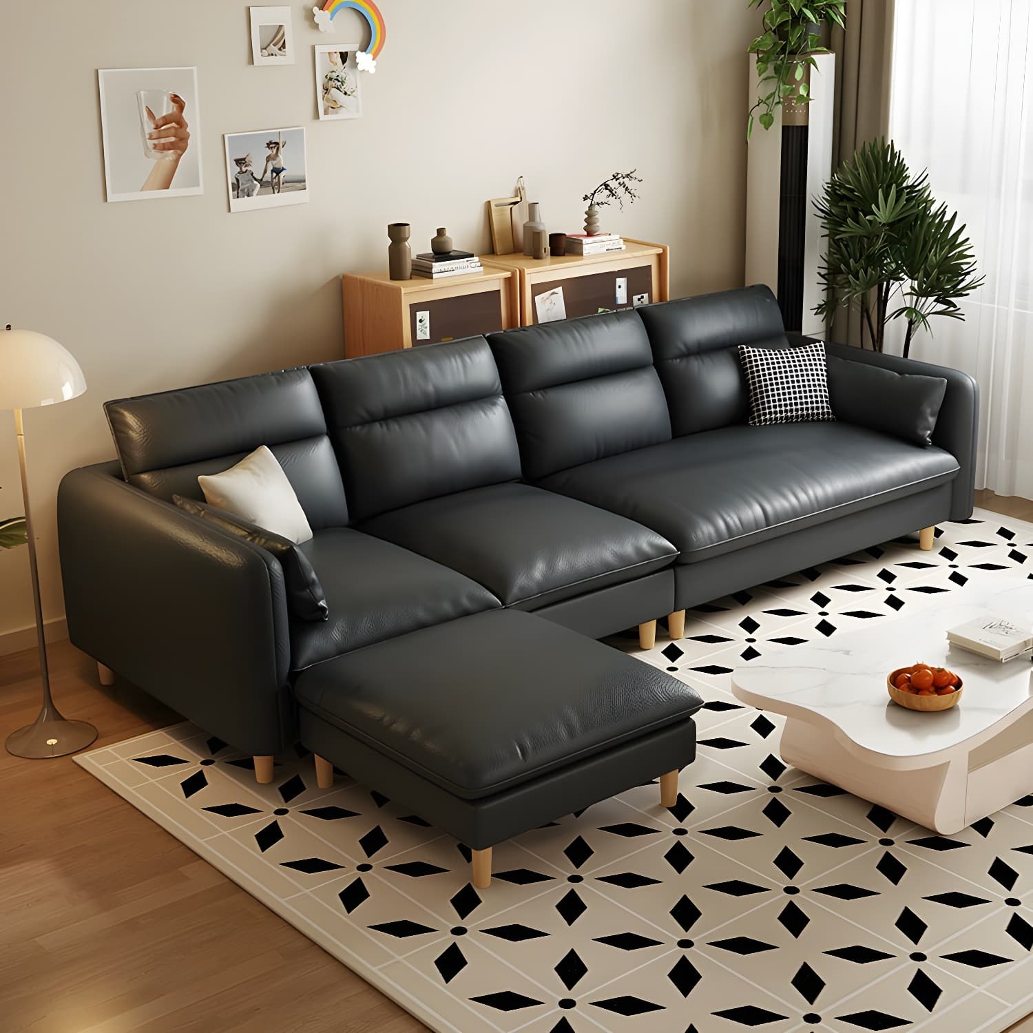 Modern Wood Frame Straight Sectional Sofa Set with Ottoman in Brown, 3 Piece Set
