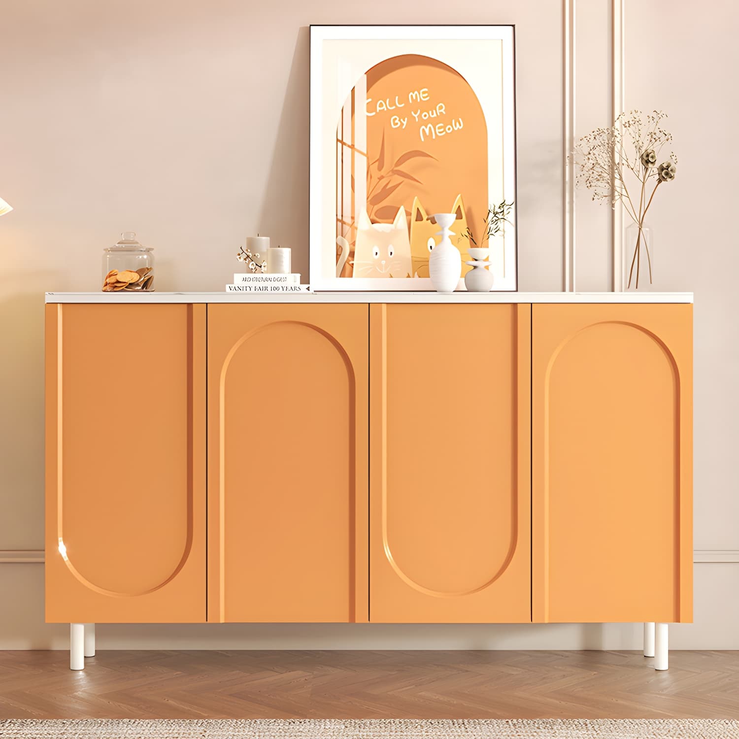 Scandinavian Wood Buffet Sideboard with Stone Countertop and Adjustable Shelves - image 14