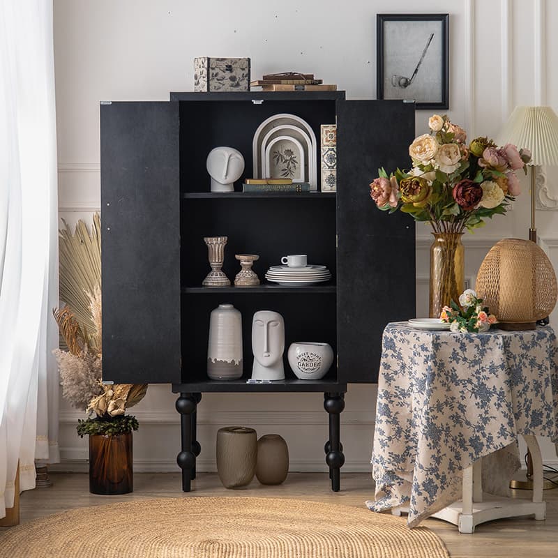 Modern Black Wood Console Cabinet with Cubby Storage and Wood Scoring & Rub Through Detailings