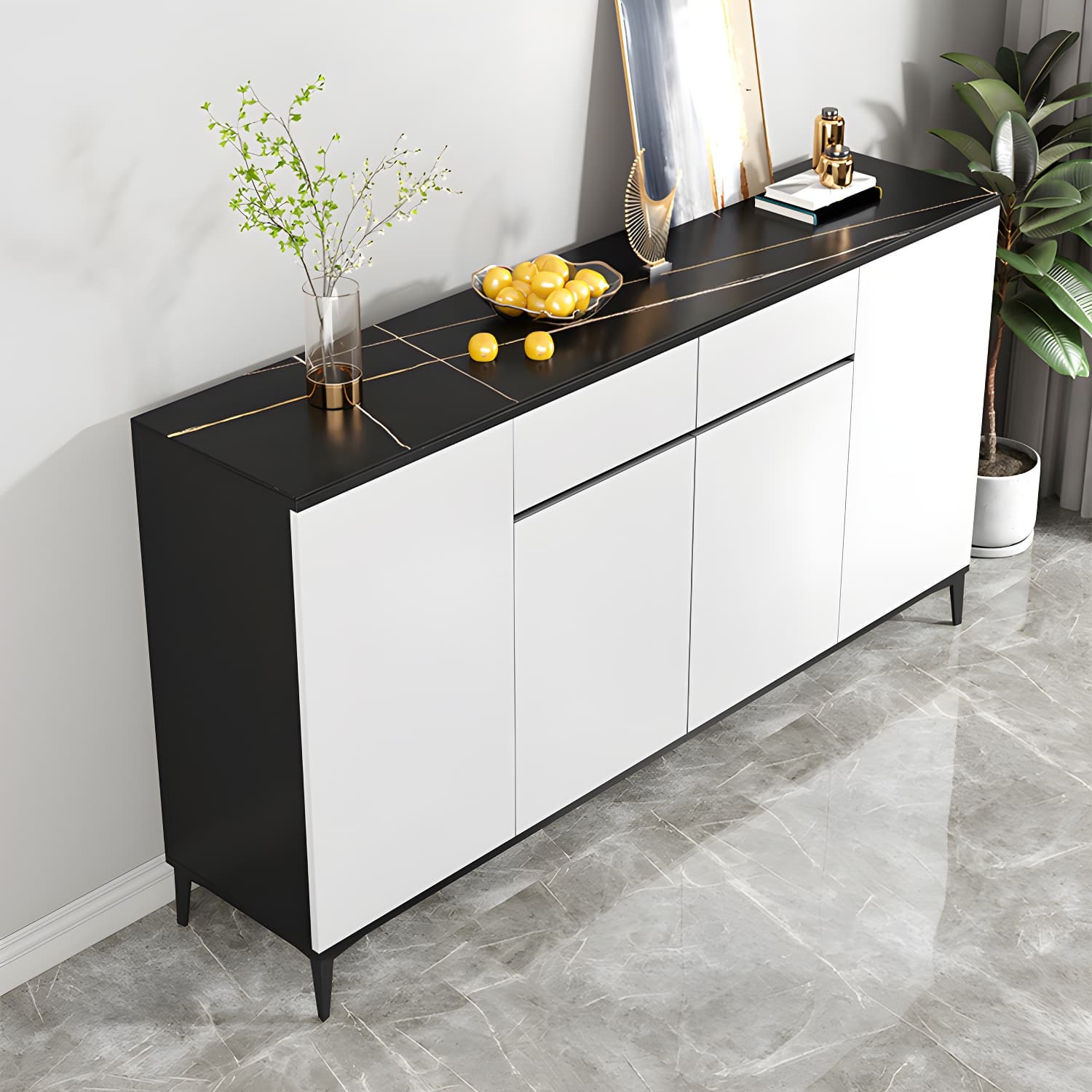 White Wood Buffet Sideboard with Drawers and Cabinet Included