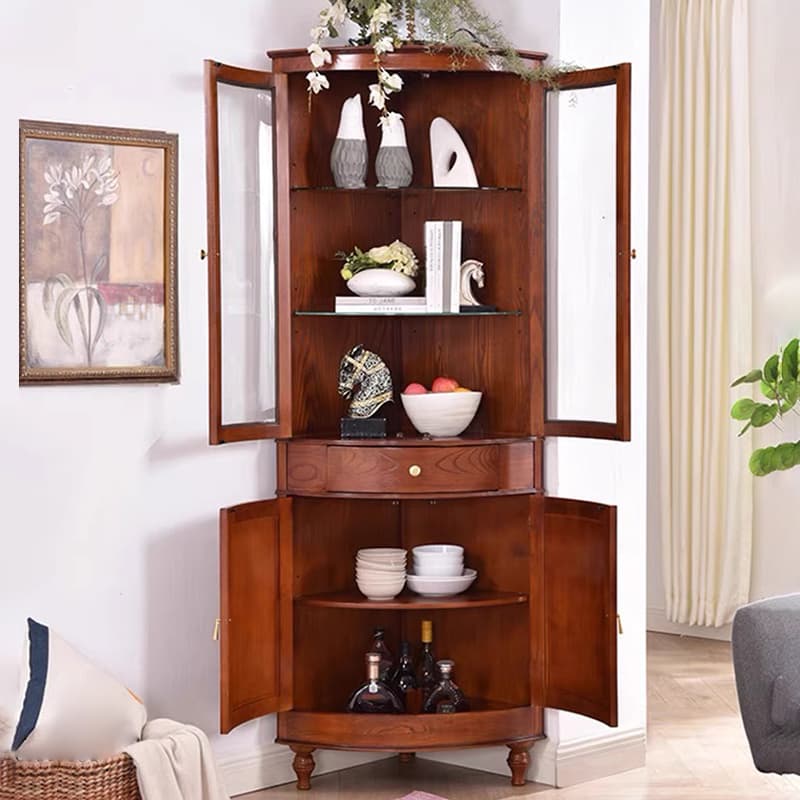 Corner Accent Cabinet with Storage Drawer, Closet, Glazed Door, Cabinet Knobs, Brown Top, and LED Lighting - image 5