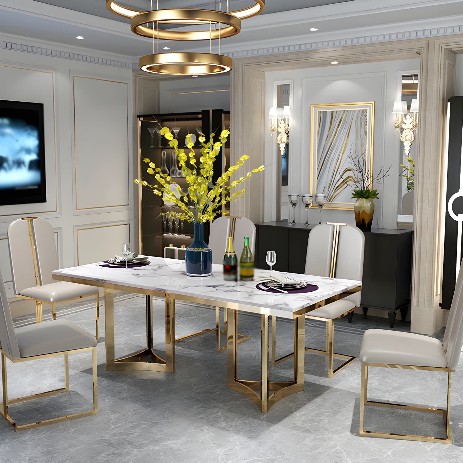 Traditional Luxury Dining Table Rectangle Double Pedestal Table with Gold Frame - image 11