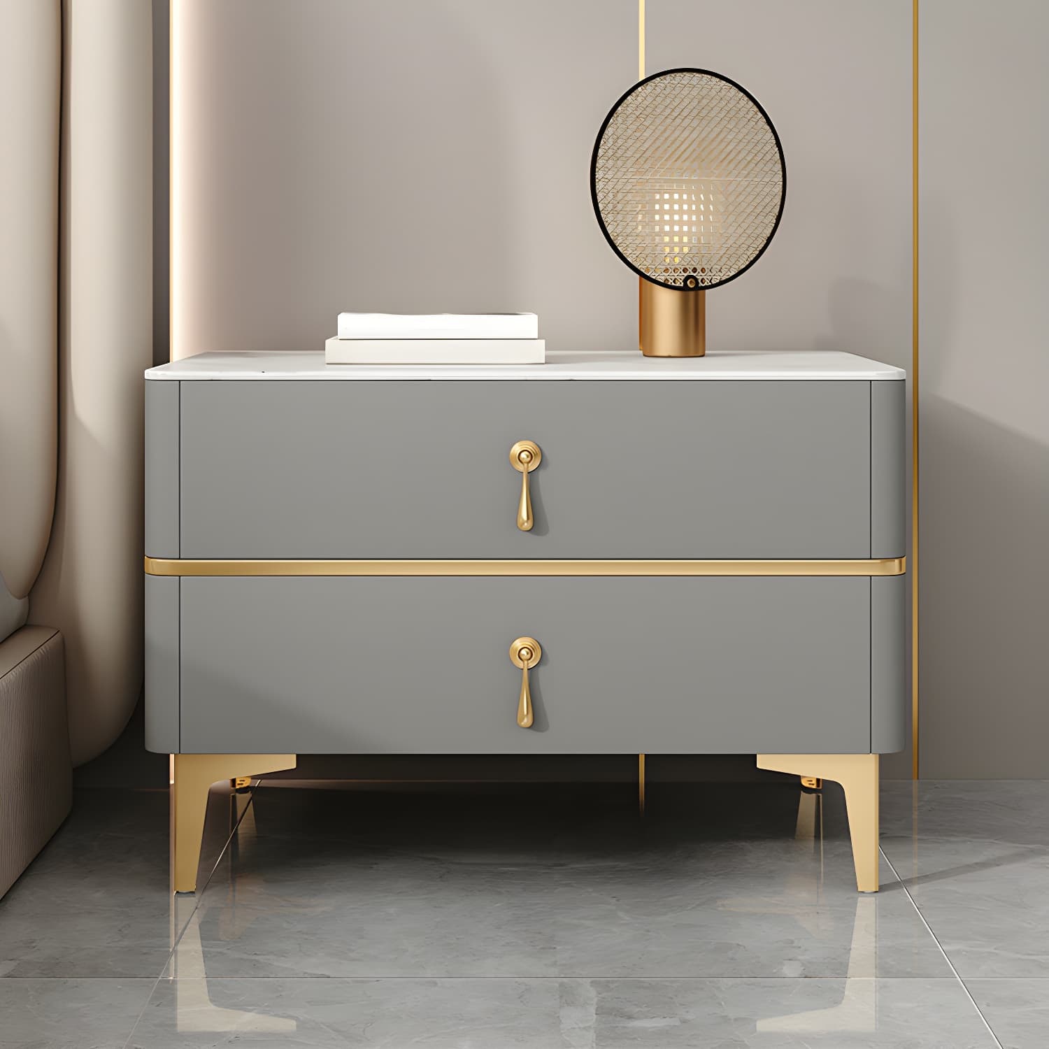 Glam Style Sintered Stone Top 2- Drawer Nightstand with Legs for Bedroom - image 6