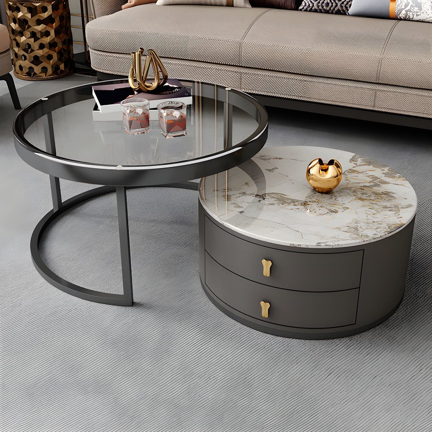 Modern Coffee Cocktail Table Round Nesting Coffee Table Set with Drawer - image 4