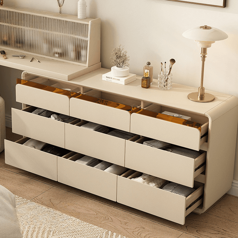 Simplistic Large Vanity Set with Lumber Table Top, White Seat, and Scalable Design Featuring 6/3/9 Drawers - image 5