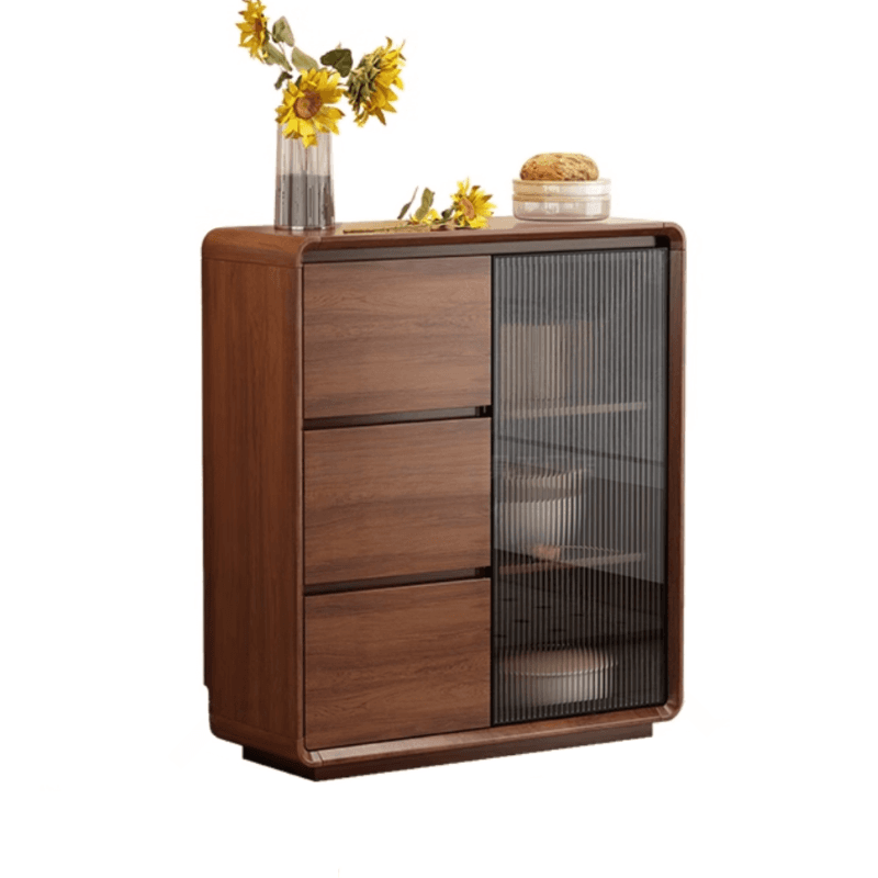 Espresso Sideboard with 3 Drawers, Locker Cabinet, Narrow Size, Compartment Storage, Glass-panel Door, and Flexible Shelf - image 4