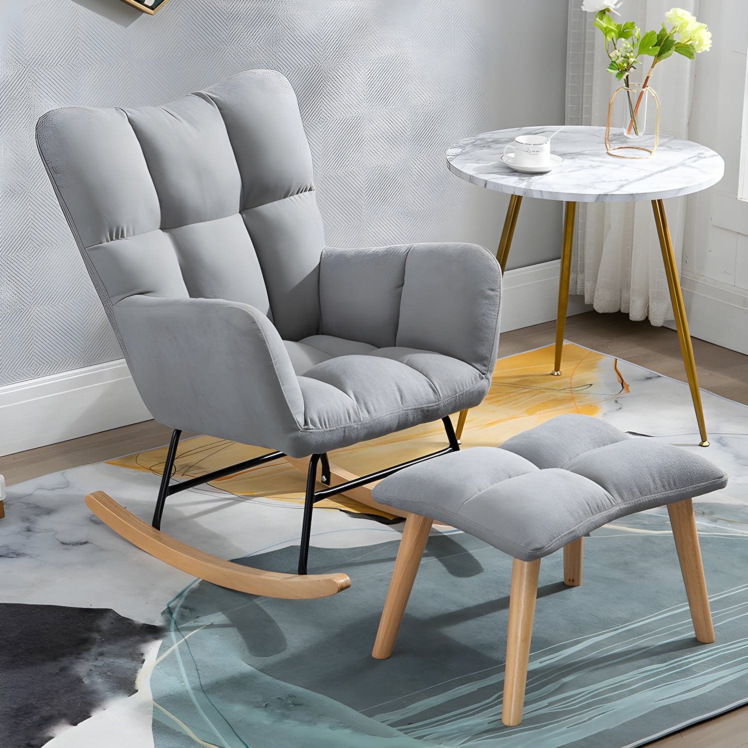 Fabric Rocking Chair Color Panel Contemporary Tufted Cushions Rocker Chair with Ottoman - image 8