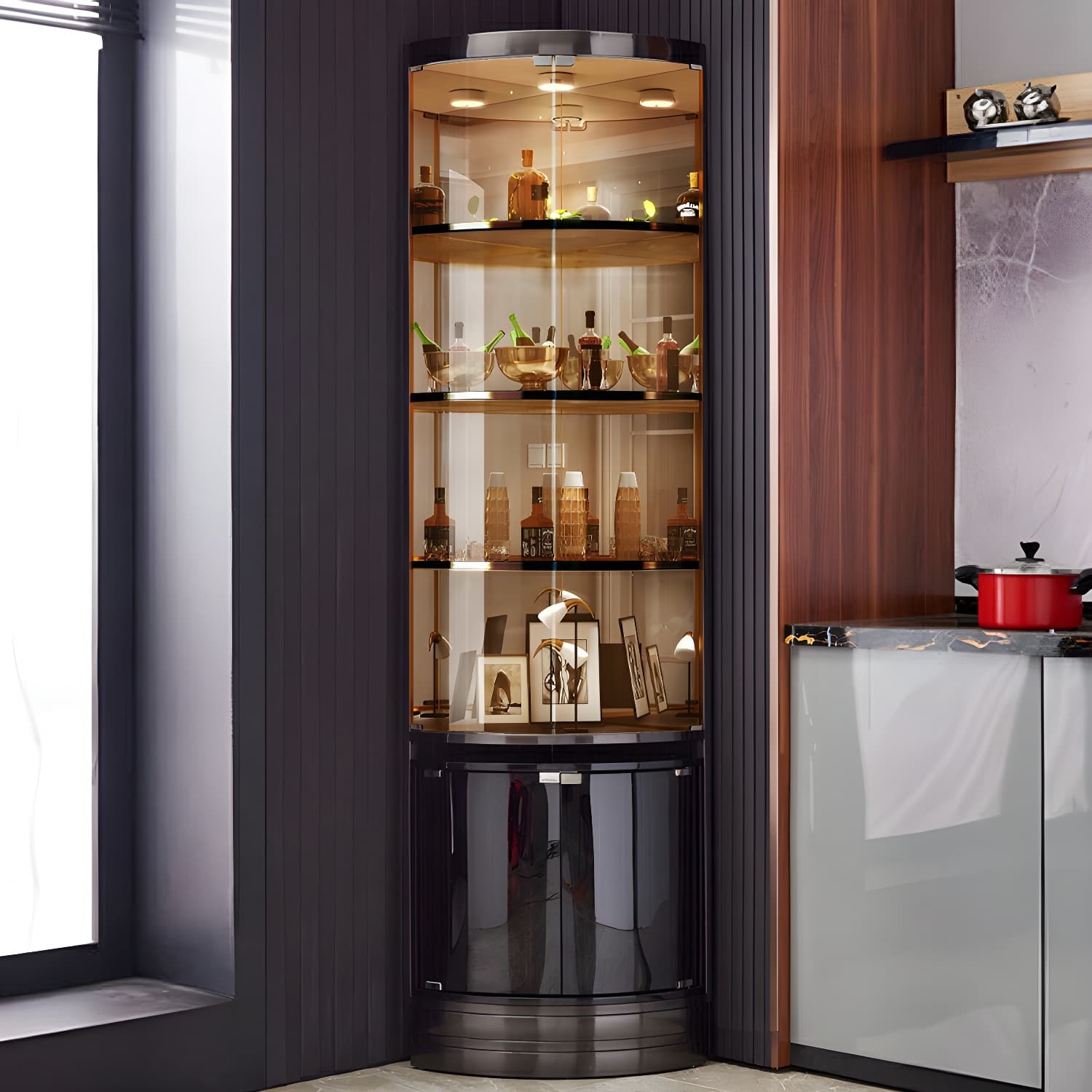 Glam Metal Corner Glass Paned Knobs Accent Cabinet with Shelves