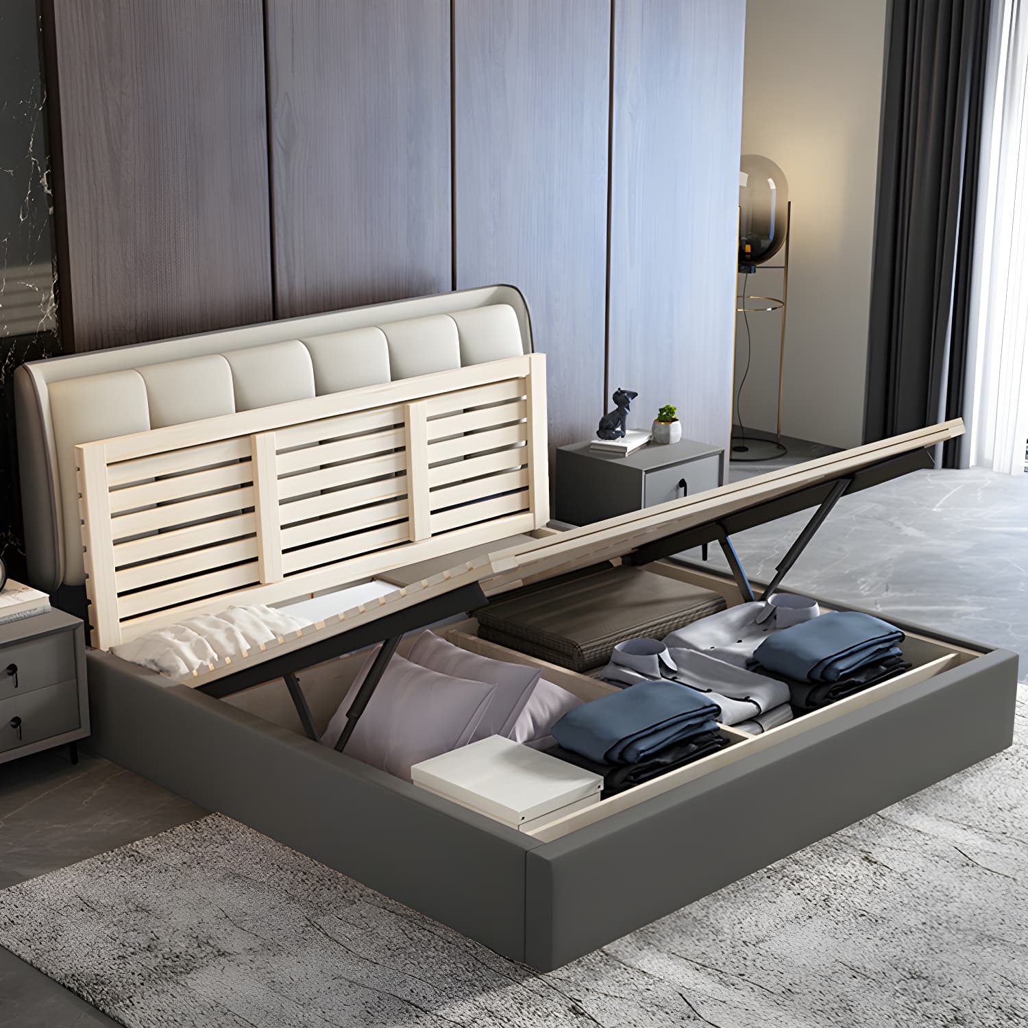 Grey Rectangular Headboard Standard Bed with Wooden Legs Bed - image 4
