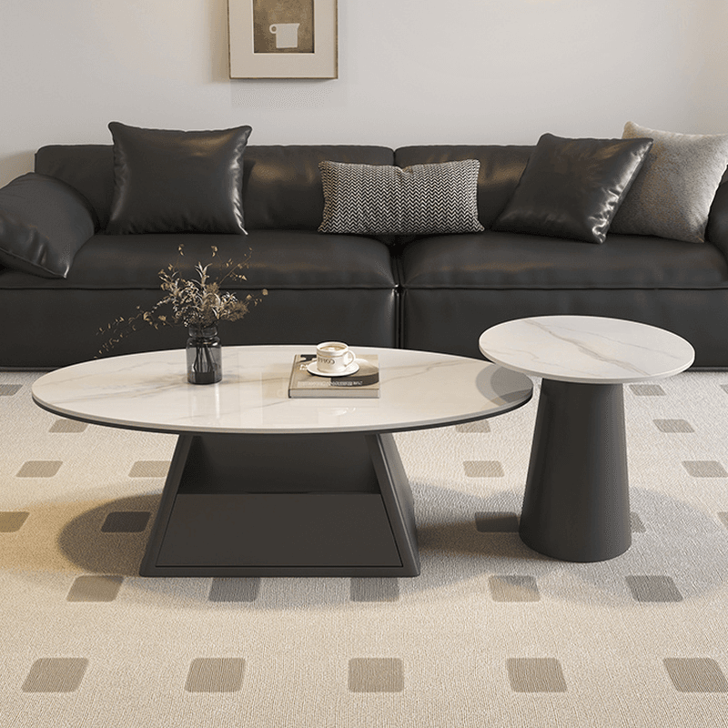 Single Board Game Coffee Table with Slate Top and Base, Elliptical Shape, 1 Drawer, and 1 Shelf - image 4