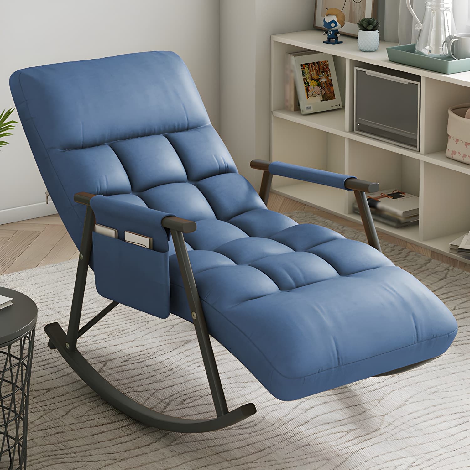 Faux Leather Upholstered Rocking Chair with Storage Rocker in Living Room