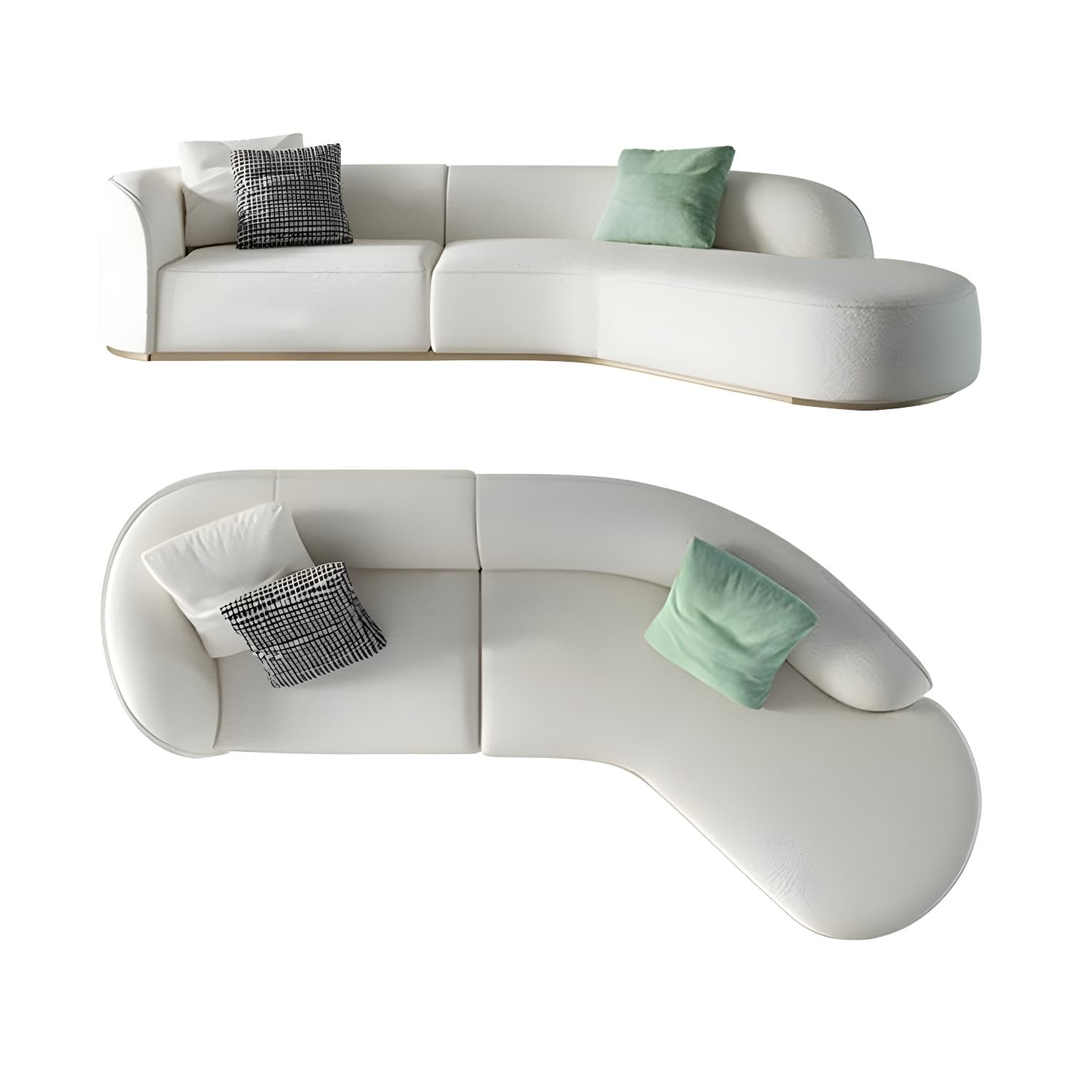 Scandinavian Wood Frame Curved Sectional Sofa in Beige Sherpa Upholstery, 2 Piece Set