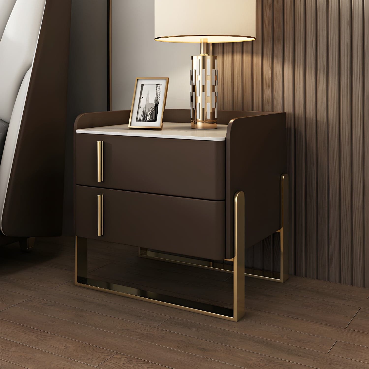 Glam Nightstand with 2 Drawer 20-inch Tall Leather Night Table - image 6
