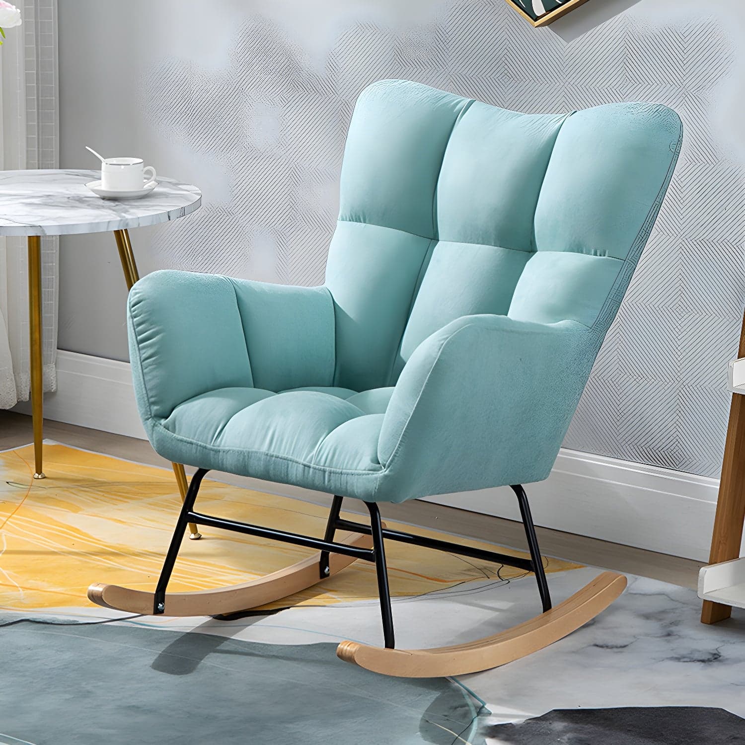 Modern Rocker Chair Upholstered Dark Legs Glider Button-Tufted - image 7