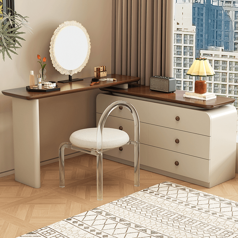 Cream Modish Large Vanity Set with Reclaimed Wood Table Top, 3/6 Drawers, and Light Up Mirror