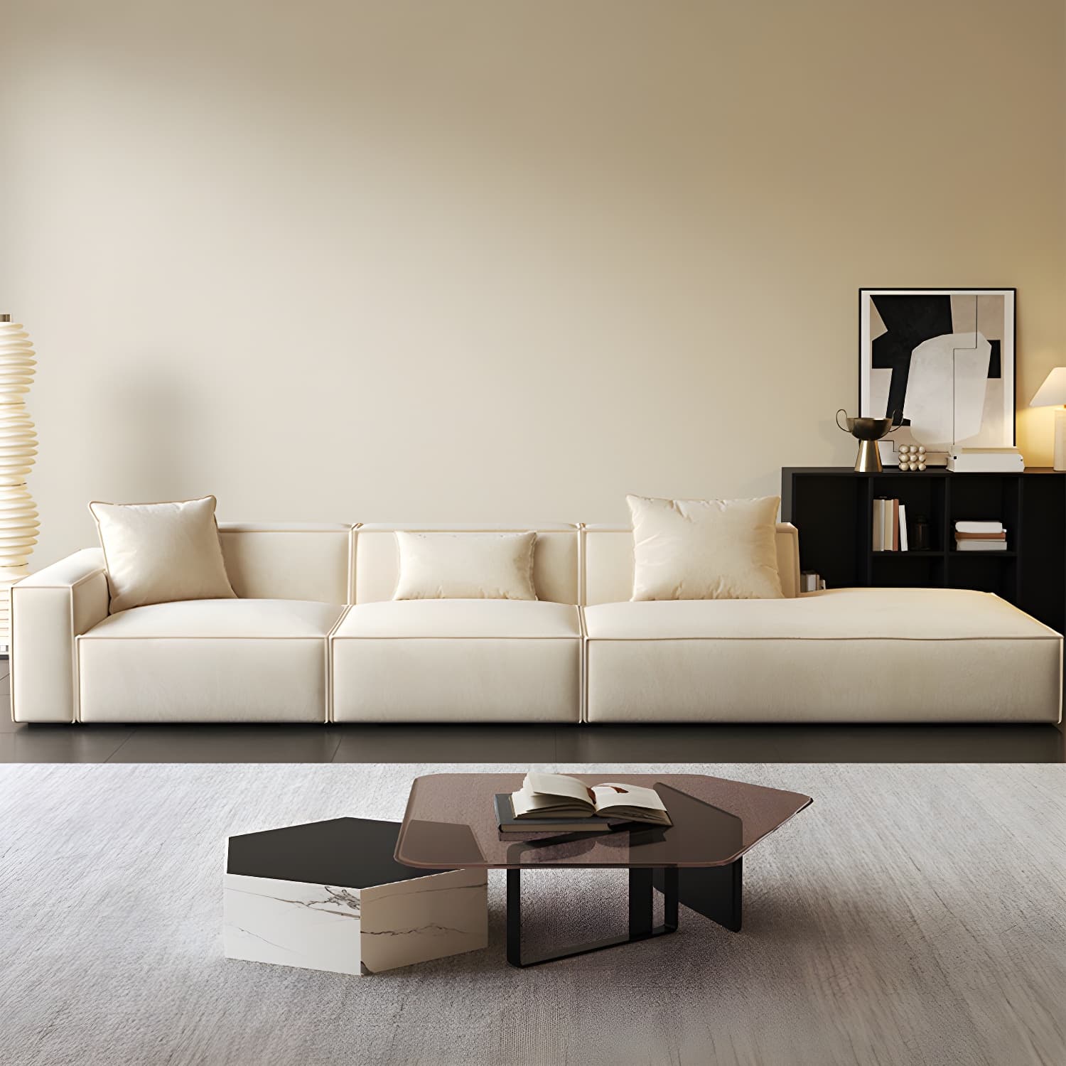 Modern Beige Square Arm Stationary Sectional Sofa in Pine Wood Frame