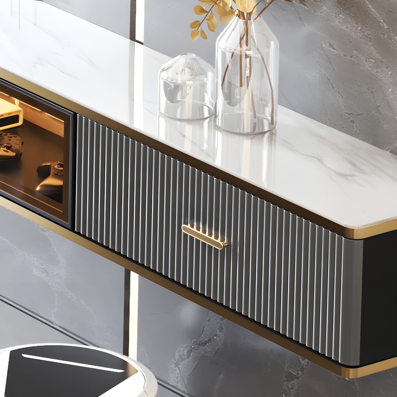 Glam Floating TV Media Stand with Drawers Stone and Wood TV Stand - image 13
