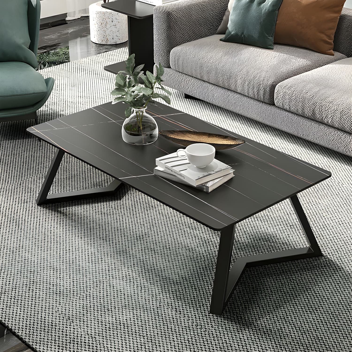 Rectangular Stone Modern Coffee Table with Black Iron Double Pedestal Base