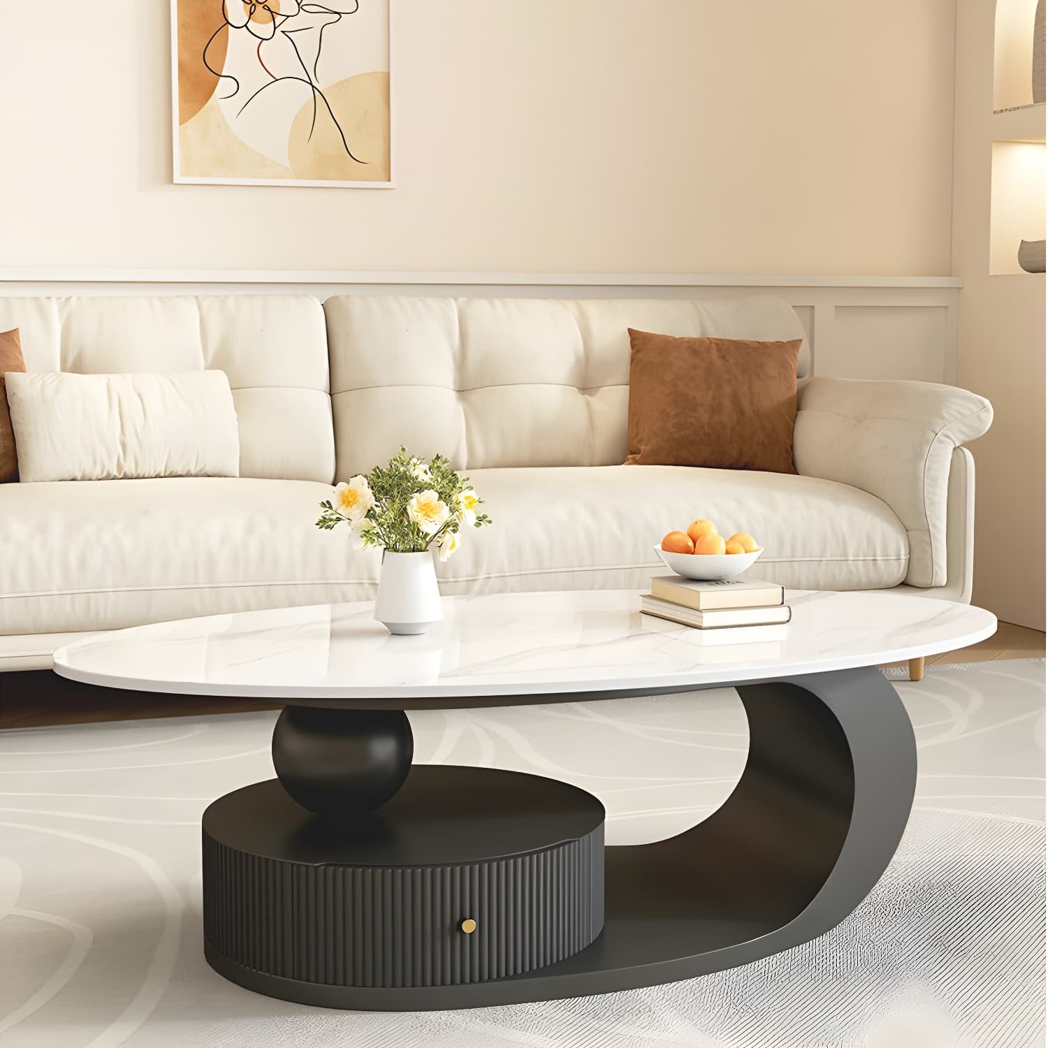 Oval White Stone Modern Coffee Table with Metal Abstract Base - image 3