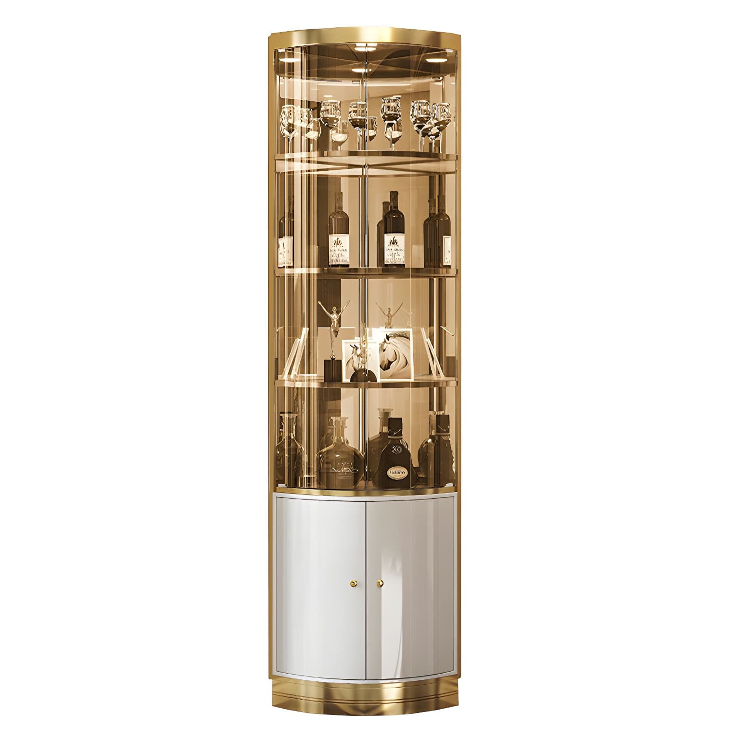 Modern Gold Corner Accent Cabinet with Glass Doors and Metal Counter Top