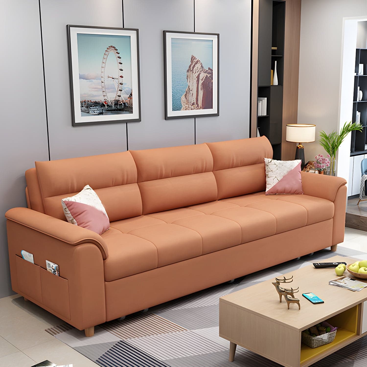 Cotton Blend and Faux Leather Biscuit Back Pillow Top Arm Couch Bed - image 8