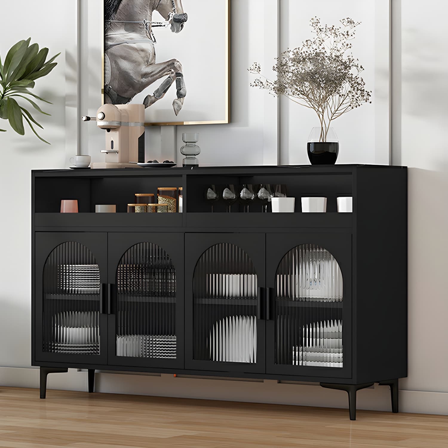 Modern Wood Buffet Sideboard with Stone Countertop and Glass Doors - image 15