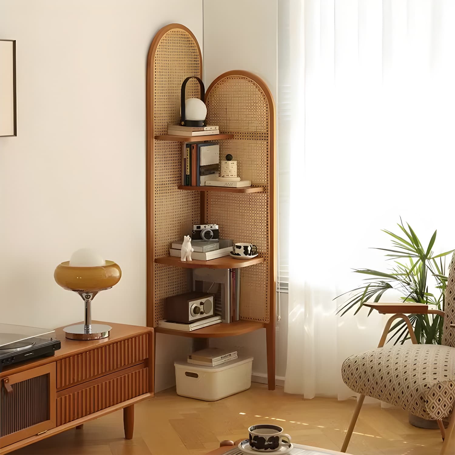 Scandinavian Corner Accent Chest with Natural Wood Counter Top and 4 Open Shelves - image 14