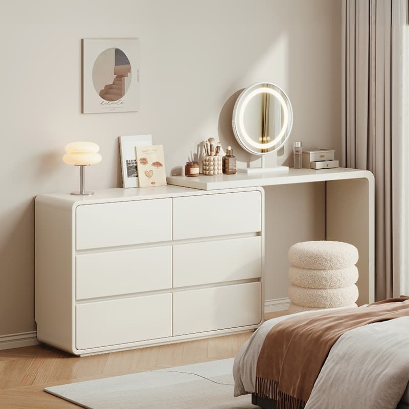 Large Vanity Set with Lumber Table Top, White Seating, 6/3 Drawers, Light Up Mirror, Chair, and Scalable Design