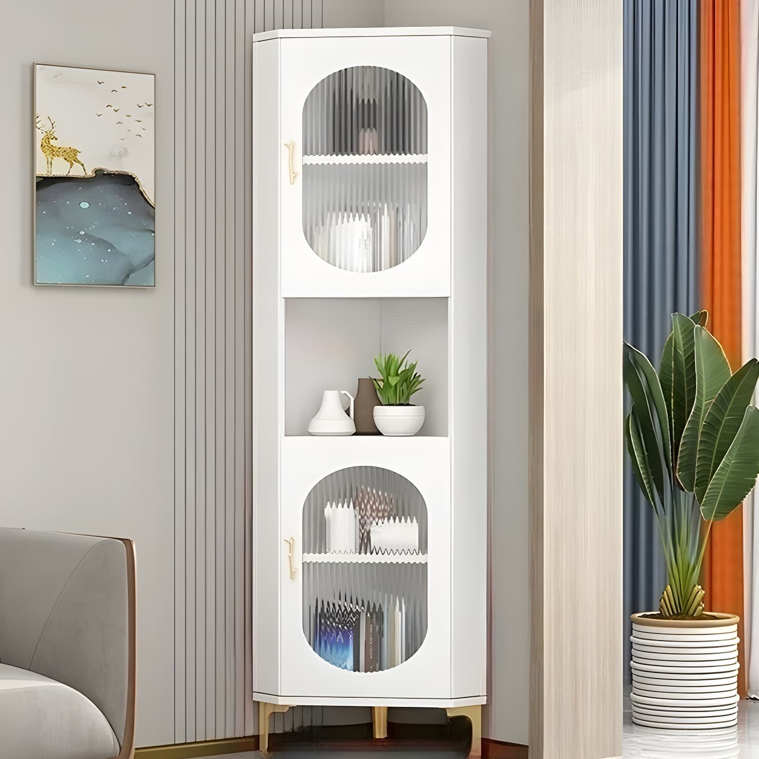 Corner Glam Accent Cabinet with Metal Base and Glass Doors, 4 Interior Shelves, and 1 Exterior Shelf