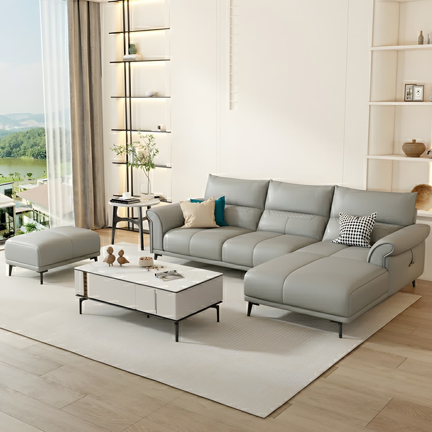 Modern Gray Genuine Leather Stationary Sectional Sofa with Flared Arms - image 3