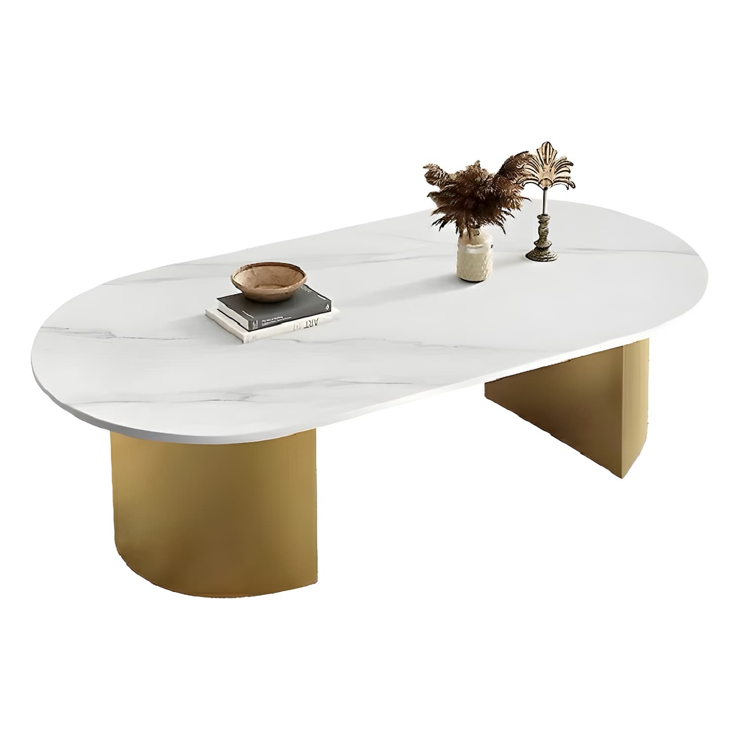 Modern Oval Stone Coffee Table with Double Pedestal Base for Living Room - image 6
