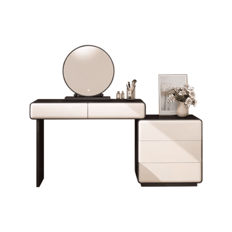 Simplistic Large Vanity Set with Lumber Table Top, Cream Seat, 5 Drawers, and Mirror Lights - image 3