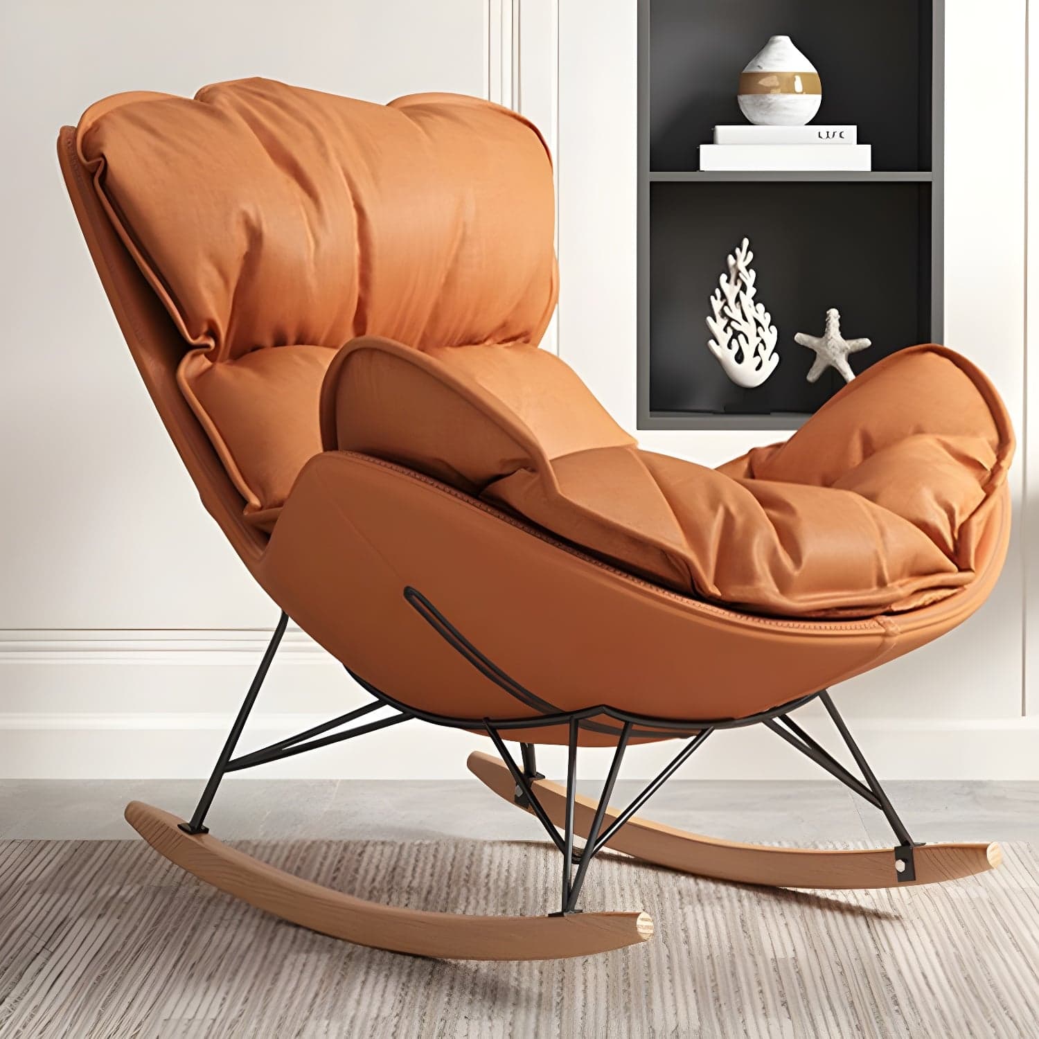 Stylish and Comfortable Modern Upholstered Indoor Rocking Chair with Natural Wood Legs - image 4