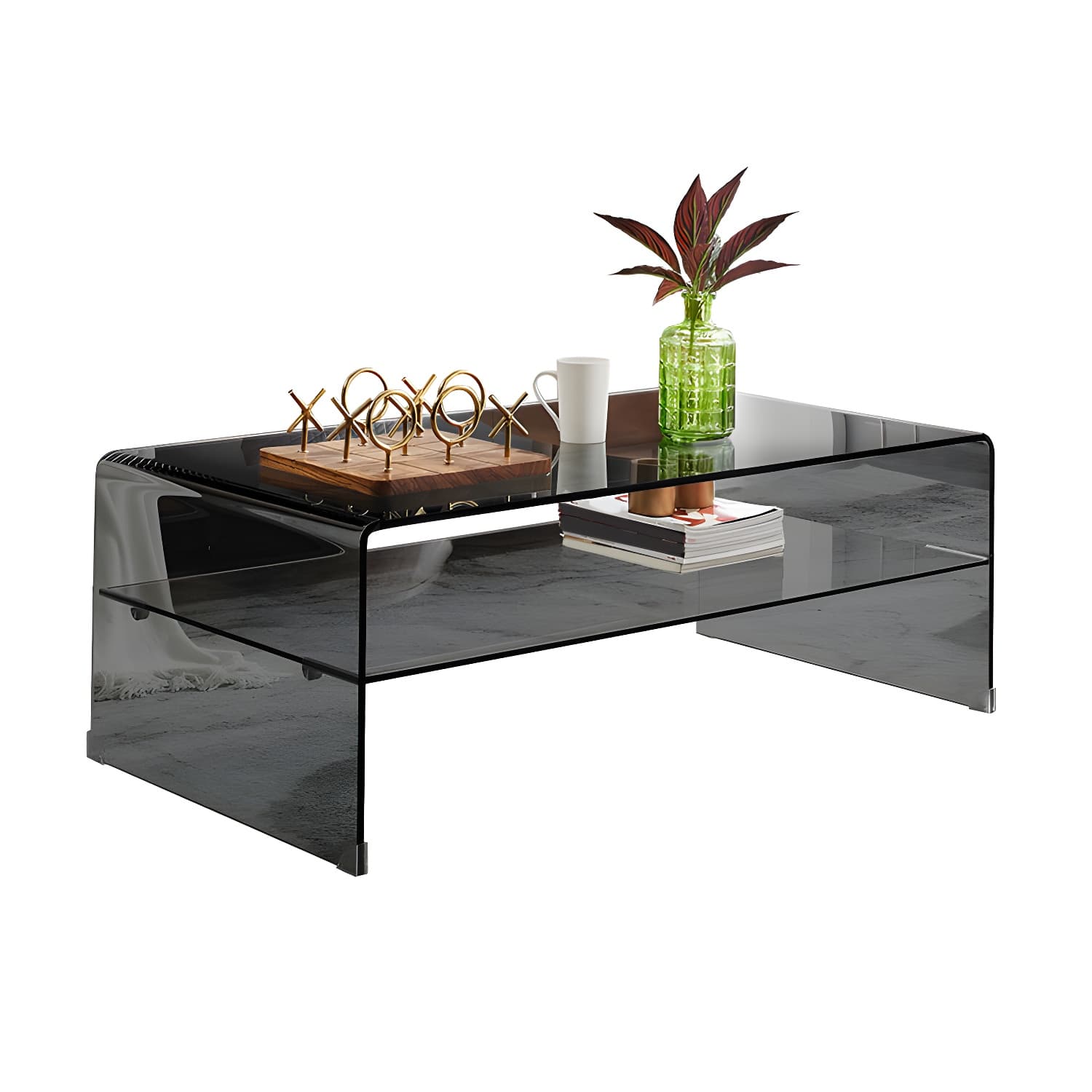 Modern Rectangle Glass Coffee Table Sled Base Cocktail Table with Shelf - image 5