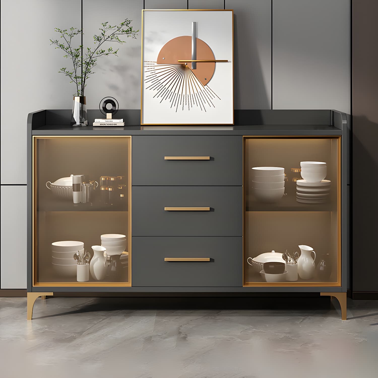 Glam Style Sideboard Wood Glass Doors Side Board with Cabinets and Drawers without Light - image 4