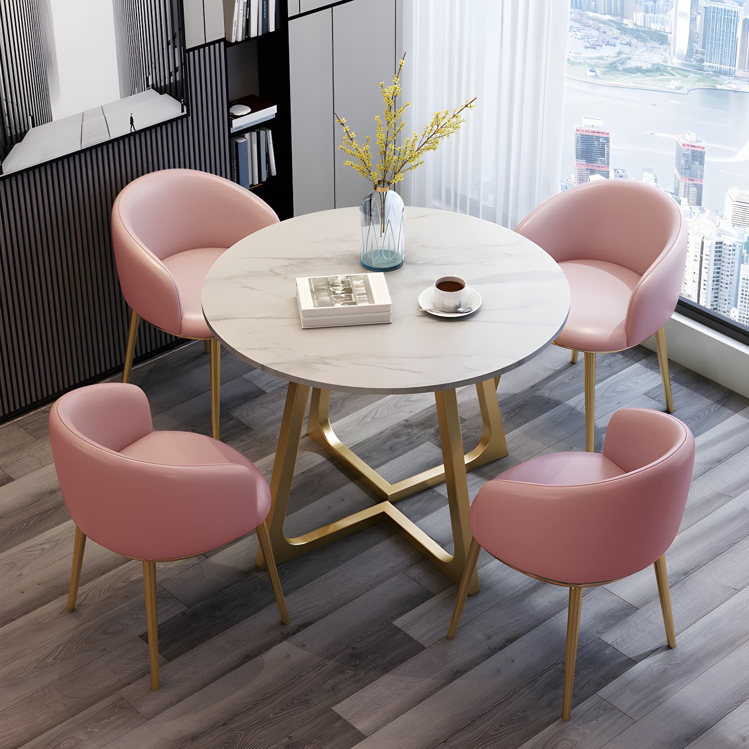 5-Piece Glam Dining Set Round White Table with Gold Metal Base and Upholstered Chairs - image 7