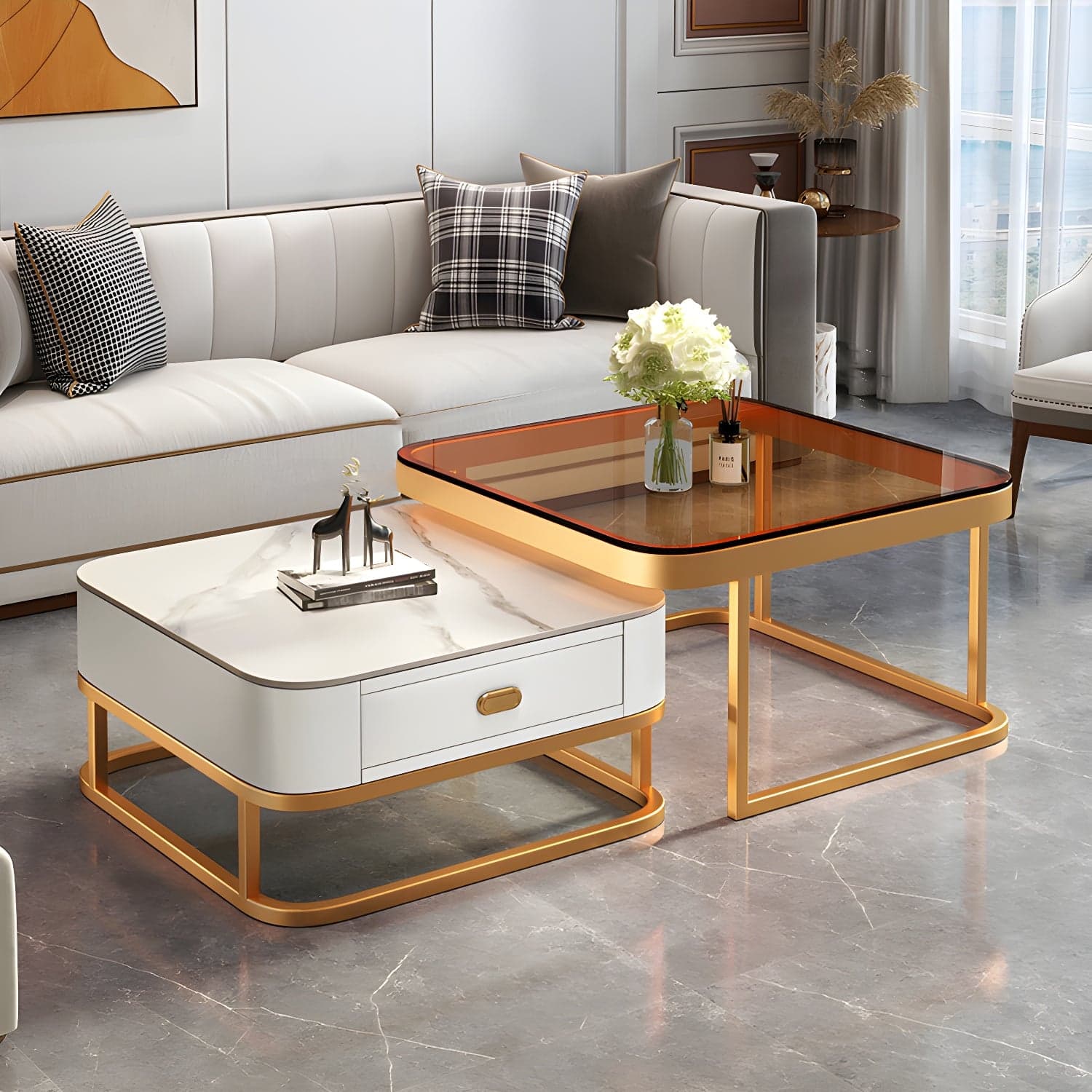 Modern Coffee Table Glass Top Square Nesting Coffee Table Set - image 7