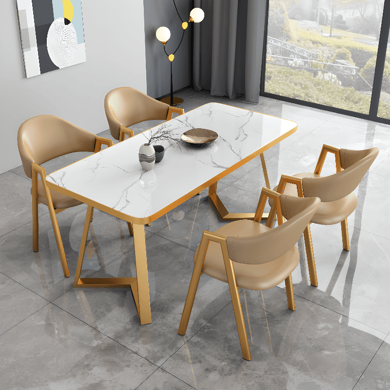Luxurious Dining Table Set with Sleighing Base, Padded Chair with Back and Armrest, 5-piece White Finish