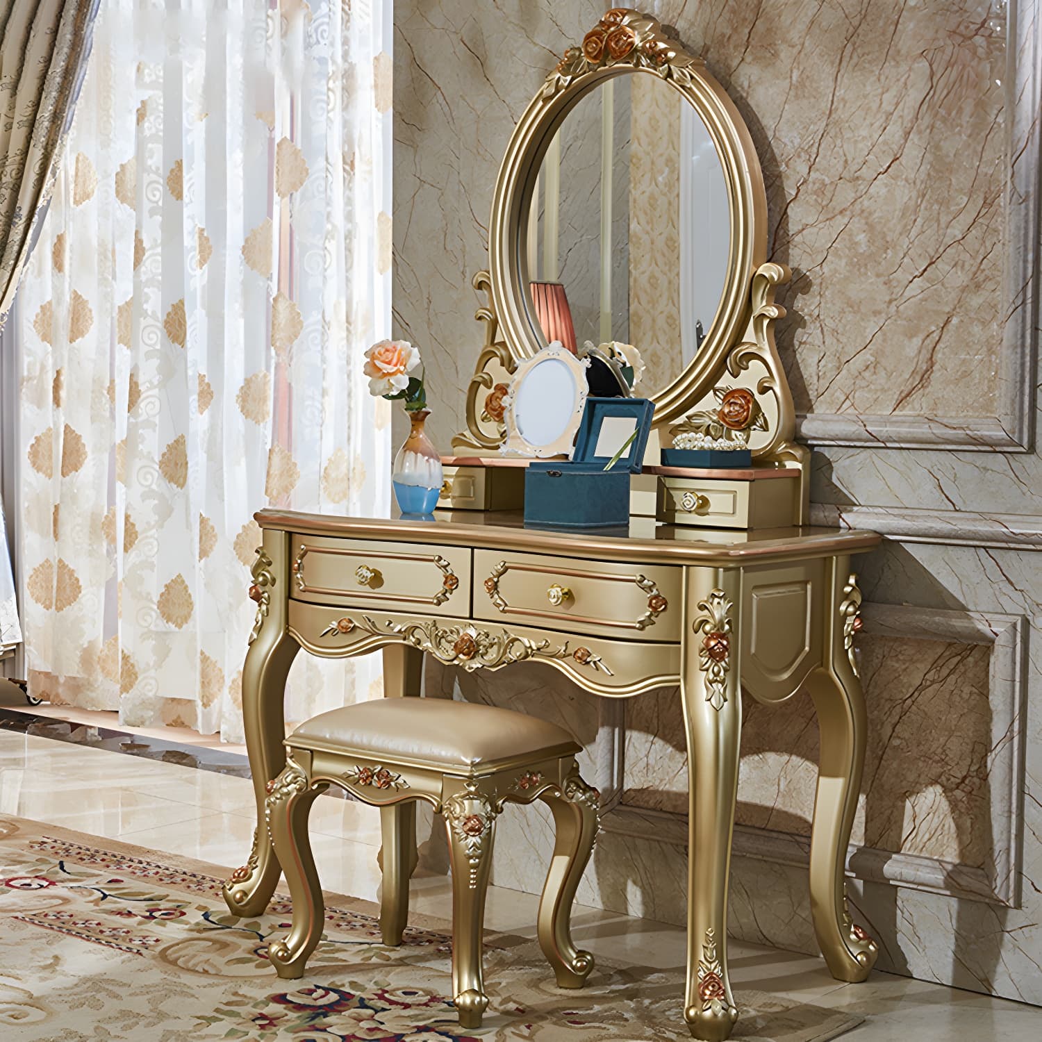 Victorian 33.4"/41.3" Wide Wood 4 Drawers Mirrored Makeup Vanity - image 5