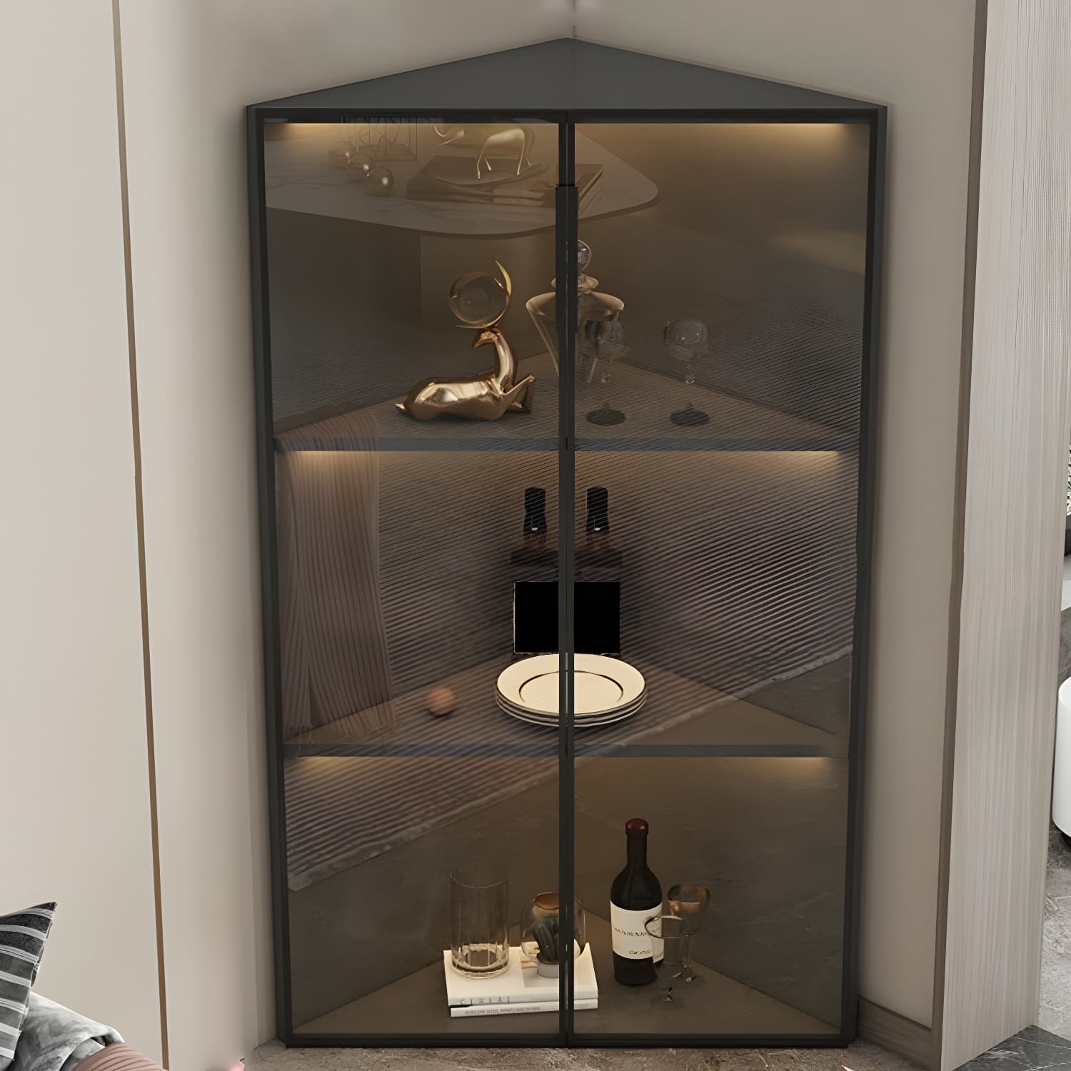 Wood Glass Paned Modern Corner Accent Cabinet for Living Room