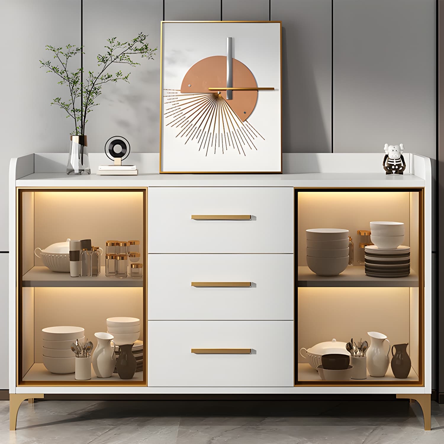 Glamorous Wood Buffet Sideboard with Glass Doors and Open Storage - image 5