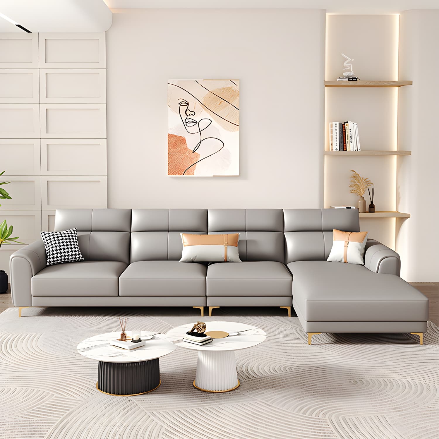 Modern Gray Faux Leather Sectional Sofa with Pillow Top Arms and Wood Frame