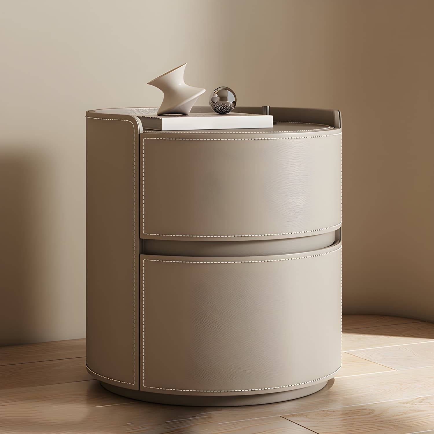 Modern Faux Leather Nightstand with 2 Drawers in Light Wood Tone - image 14