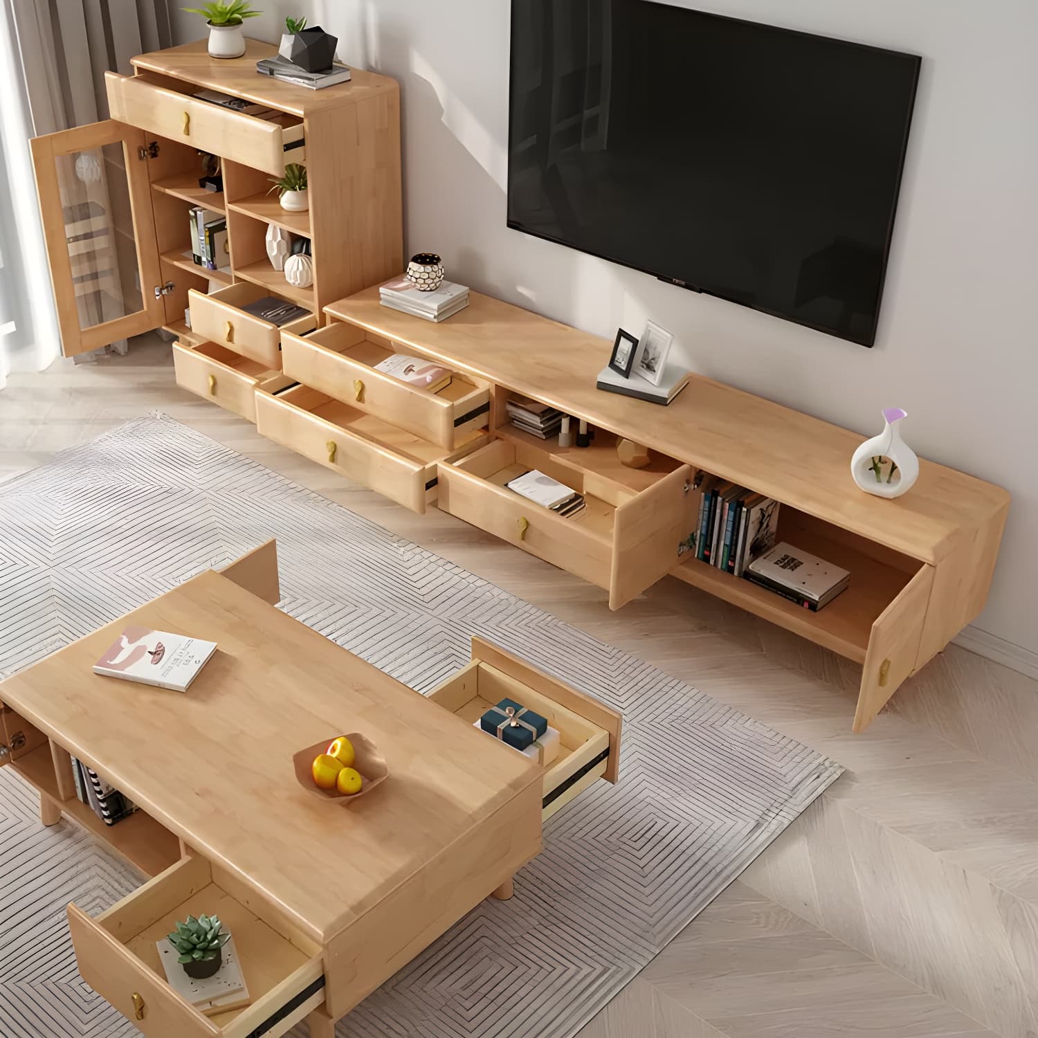 Scandinavian with Drawers Rubberwood with Cabinet TV Media Console - image 12