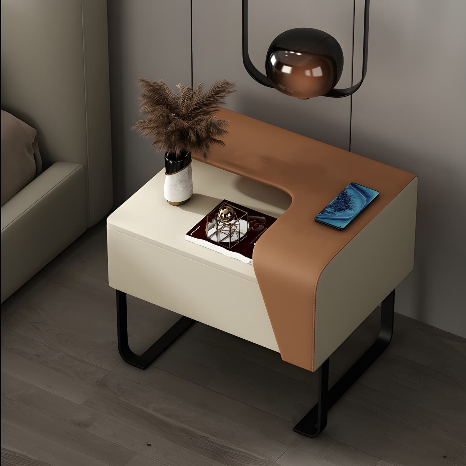 Modern Wooden Nightstand 19" Tall Sled Bedside Cabinet with Drawer - image 9