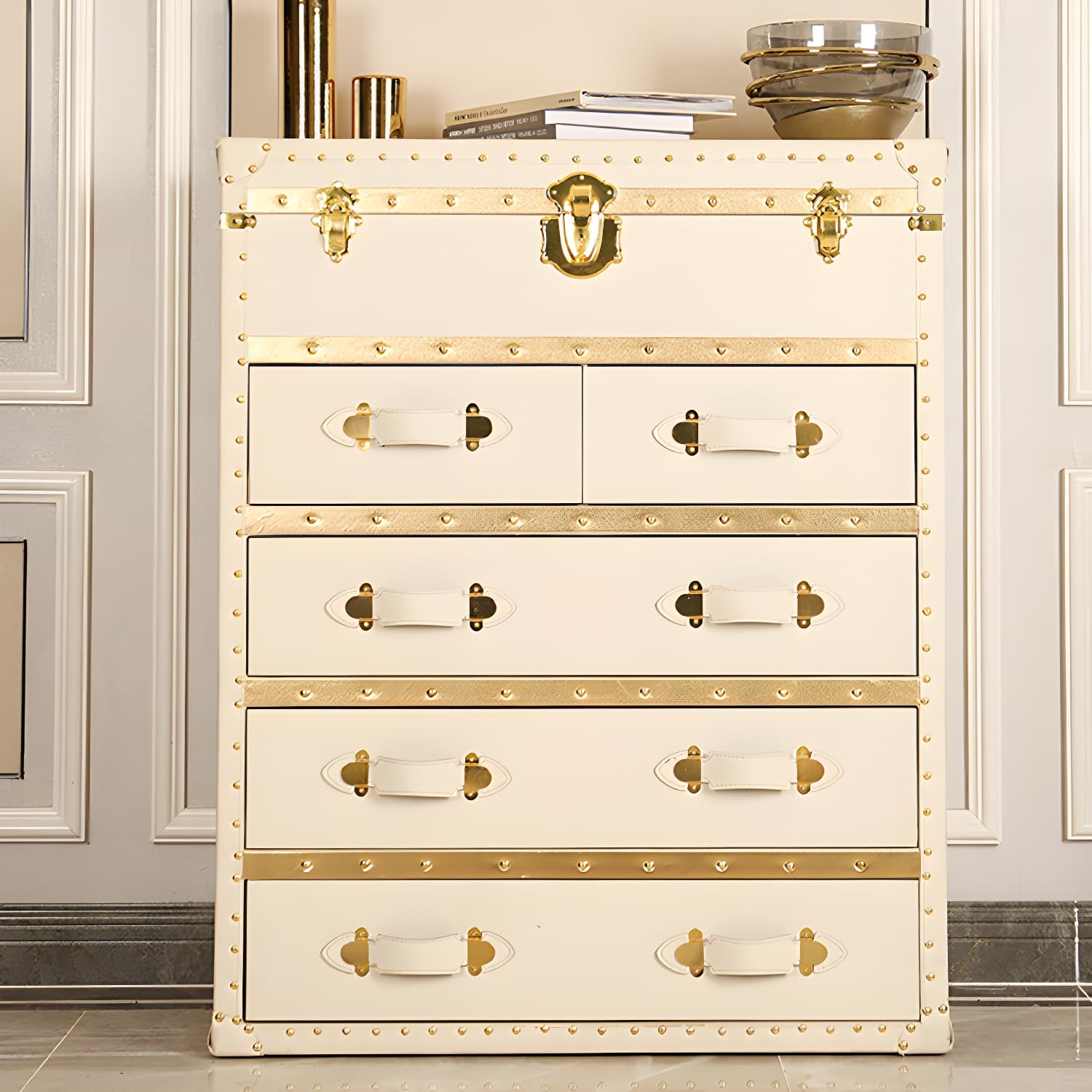 Rustic Leather Chest Vertical Chest with Drawers for Bedroom