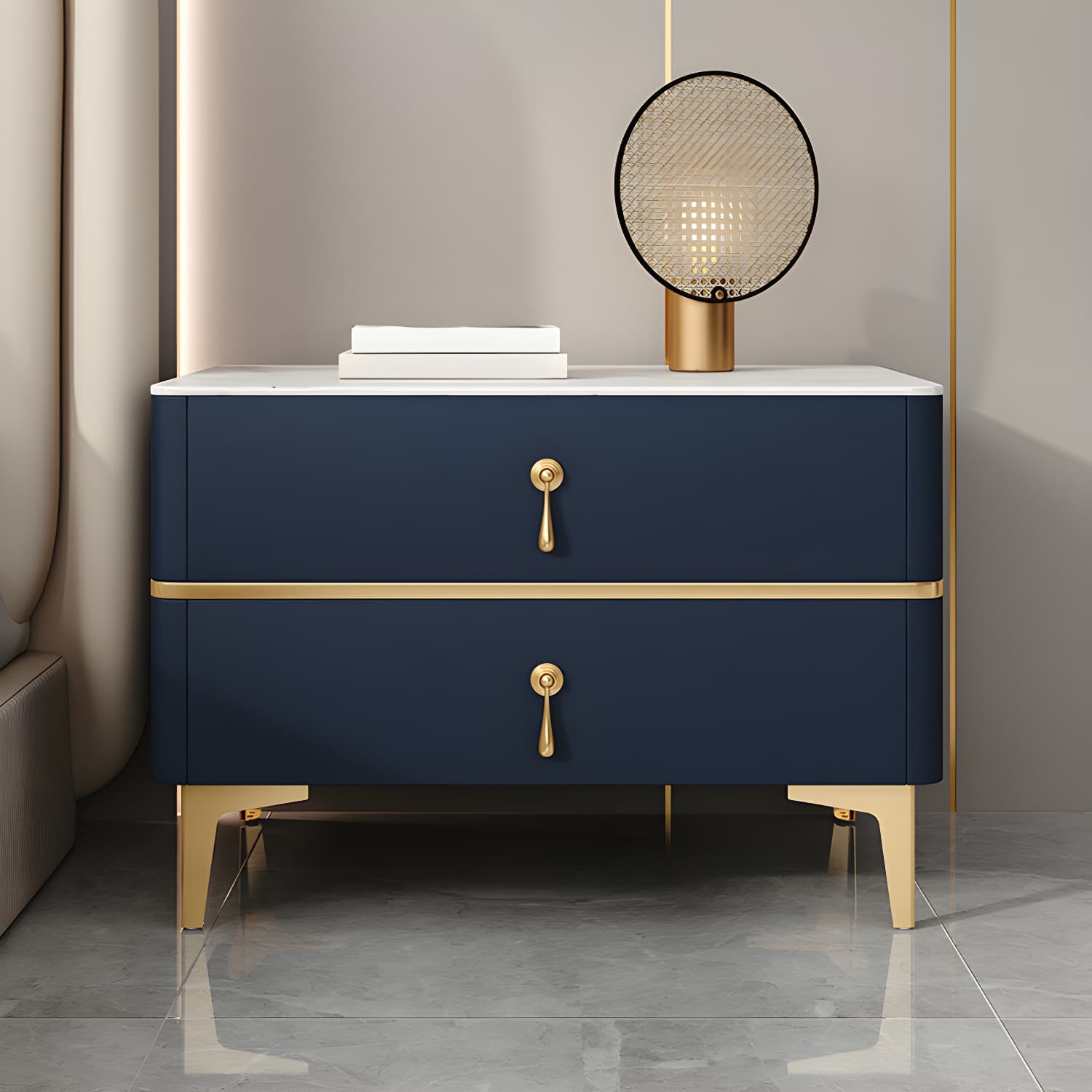 Glam Style Sintered Stone Top 2- Drawer Nightstand with Legs for Bedroom